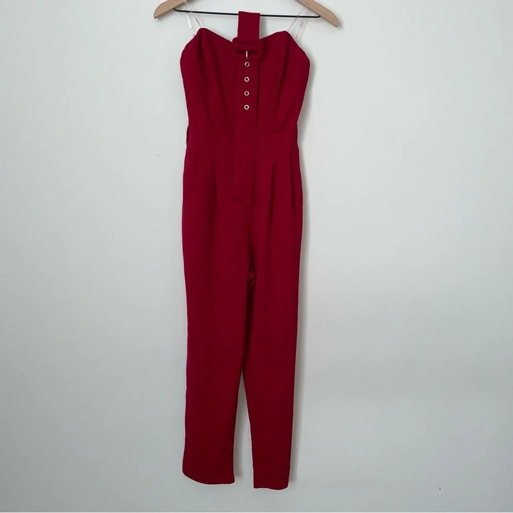 Red Strapless Jumpsuit with Belt‎ and Pockets - Picture 6 of 9